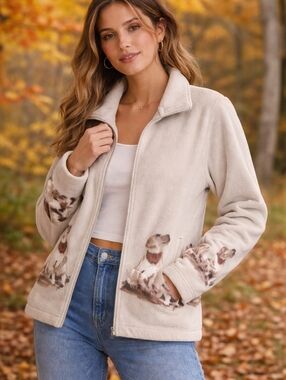 Blair Puppy Dog Print Fleece Jacket Full Zip Cozy Beige Size L